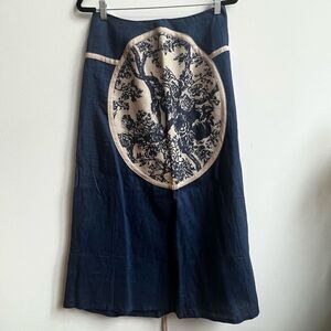 Women's Handmade Front Tree Print Back Pull String Mid Ruched Midi Skirt Blue 30